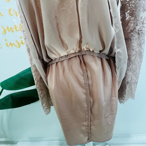 TOBI Blush Pink Nude Lace Scallop Plunge Chiffon Mini Dress Bell Sleeve … - Picture 9 of 16